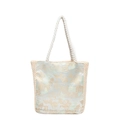 Beige straw tote bag with traditional Chinese landscape embroidery and thick rope handles - Green
