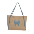 Minimalistische gewebte Stroh-Stofftasche mit blauem Leder-Schmetterling und Griffen - Blau