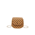 Mini caramel brown saddle bag with clover pattern print and gold chain strap - Brown