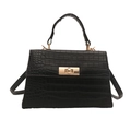 Classic black crocodile texture handbag with gold metal clasp and top handle for women - Black