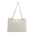 Chic white quilted tote bag with gold chain straps and classic lattice pattern for women - White