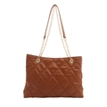 Caramel brown quilted chain tote bag with rhombus stitching and gold metal strap - Brown