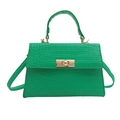 Green faux crocodile texture shoulder bag with top handle and gold twist-lock closure - Green