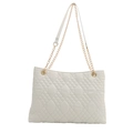White quilted tote bag with diamond stitching and golden chain shoulder strap for women - White