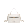 White quilted mini handbag with dual zippers and golden chain strap in minimalist style - White