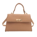 Beige faux crocodile skin handbag with structured trapezoidal design and gold metal clasp - Khaki