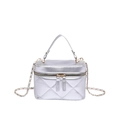 Silver quilted small square handbag with chain strap and metallic finish for women - Silver