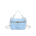 Light blue quilted leather crossbody bag with gold chain strap and top handle design - Blue