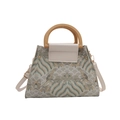 Retro-Beuteltasche mit Wellenbestickung, Lederklappe und Holzgriffen für Damen - Weiß