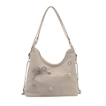 Bolso beige de hombro con perlas, cristales de corazón y colgante de lazo de diamante - Lazo de Perlas Blanco Crema / Blanco
