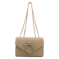 Minimalist straw shoulder bag in beige with rhinestone bow and gold chain straps - Khaki