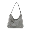 Bolso tote gris plisado con perlas y un lazo plateado para un estilo elegante diario - Estilo Metálico Plisado Plateado / Plateado