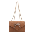Minimalist straw weave crossbody bag with a sparkling rhinestone bow and metal chain - Brown
