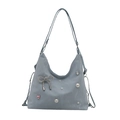 Bolso de hombro azul grisáceo con perlas, lazo de strass y correa de cadena ajustable - Estilo Juvenil Fresco Plisado Azul Claro / Azul