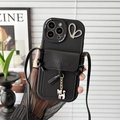 Black leather wallet case for iPhone with rhinestone heart, cat pendant and crossbody strap - Black / iPhone 7/8/SE 2020