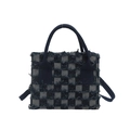 Borsa a tracolla in denim a scacchi blu e grigi con manici e tracolla rimovibile - Blu scuro
