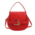 Elegant red semi-circle saddle bag with large gold buckle and leather strap on white background - Red