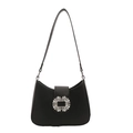 Elegant black matte leather shoulder bag with a large silver square rhinestone buckle design - Black