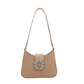 Elegant beige PU leather shoulder bag with decorative sparkling rhinestone buckle - Khaki