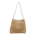 Grande borsa tote in paglia con tasca in PU marrone e manici in corda da spiaggia - Cachi