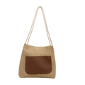 Borsa tote in paglia intrecciata beige con tasca in pelle marrone e manici in corda chiara - Marrone