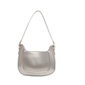 Sleek silver metallic crescent shoulder bag with adjustable thin strap and gold buckle - Silver