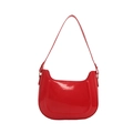 Glossy red patent leather crescent shoulder bag with golden buckle on white background - Red