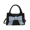 Fashionable black faux leather handbag with a large blue bow and golden hardware - Black with Blue Bow