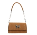 Caramel brown quilted crossbody bag with silver butterfly buckle and chain strap - Khaki