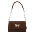 Brown quilted crossbody bag with silver butterfly buckle and chain strap for women - Brown