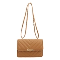 Elegant brown quilted crossbody bag with golden hardware and chain strap on white background - Khaki