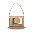 Mini khaki leather handbag with silver bow buckle and metal chain strap for women - Khaki