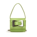 Mini green leather handbag with oversized silver buckle and metal chain strap - Green