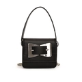 Sleek black leather mini square bag with a bold silver buckle and chain shoulder strap - Black