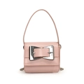 Pink mini square handbag with silver buckle and chain strap on a white background - Pink