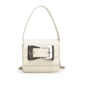 Mini cream faux leather handbag with oversized silver buckle and metal chain strap - White