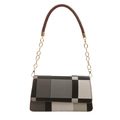 Women's plaid underarm bag with brown leather trim and golden chain strap in gray-white - Gray