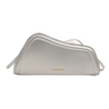 Silver asymmetric shoulder bag with a metallic finish and modern fashion branding - Silver