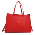 Large red matte leather tote bag with front pocket and gold logo lettering - Red
