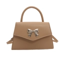 Light brown trapezoid crossbody bag with a silver metal bow buckle and round top handle - Khaki