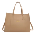 Khaki large capacity leather tote bag with exterior pocket and dual shoulder straps - Khaki