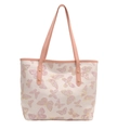 Spacious off-white tote bag featuring elegant pink butterfly embroidery and leather straps - Pink