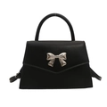 Elegant black trapezoid handbag with silver bow metal buckle and adjustable shoulder strap - Black
