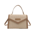 Fashionable woven straw handbag with brown leather trim and top handle for women - Khaki