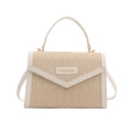 Borsa a tracolla in paglia intrecciata beige con finiture in pelle bianca e logo dorato - Bianco