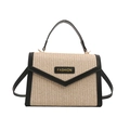 Straw handbag with black leather trim and V-shaped flap for beach or casual crossbody use - Black