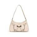 Chic beige Y2K shoulder bag with silver butterfly charm and decorative metal chain - Off White