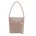 Borsa a secchiello in raso rosa con jacquard cinese e nappa di seta bianca lunga - Rosa