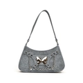 Elegant grey suede baguette shoulder bag with silver butterfly charm and chain detail - Blue