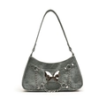 Grey denim half-moon underarm bag with silver butterfly and chain Y2K style - Green